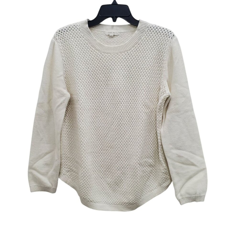 August Mist Women's White Open Weave Knit Preppy Elbow Patch Round Hem Sweater L